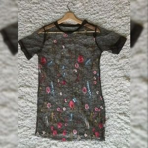 Embroidered Floral Mesh T-shirt Dress